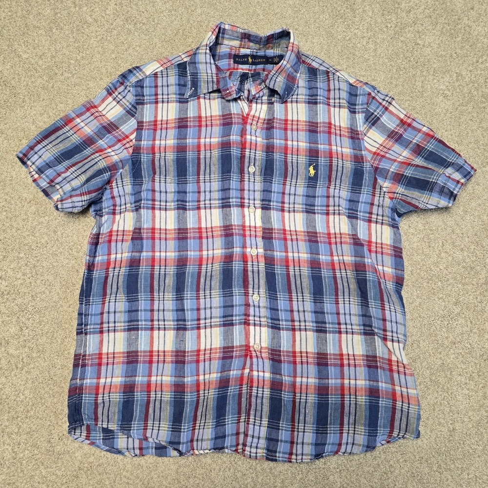 Polo Ralph Lauren Linen Shirt Mens‎ M Custom Indian Madras Plaid S/S Button Down